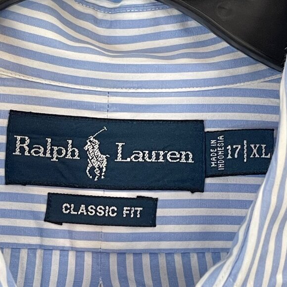 Ralph Lauren Blue & White Striped Button-Up Long Sleeve Shirt Mens L Classic Fit - Picture 7 of 14
